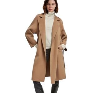 Gentle Herd Wool Wrap Coat Beige Belted Longline Minimalist Jacket Peak Lapel XL